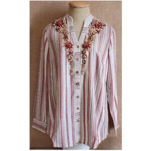 Soft Surroundings REPOSE Berry Stripe Beaded Linen Blend Tunic NEW~Petite Small